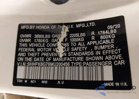 2021 Honda Civic Type R Touring из США, поврежденный, VIN SHHFK8G76MU200456